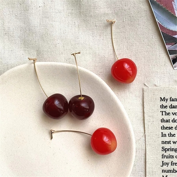 Acrylic Bright Red Cherry Dangle Earrings - Picture 3 of 4